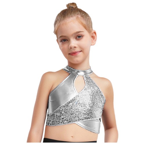 Kids Girls Blouse Sleeveless T-shirt Sequin Tops Latin Crop Top Gymnastic Vest - Picture 16 of 48
