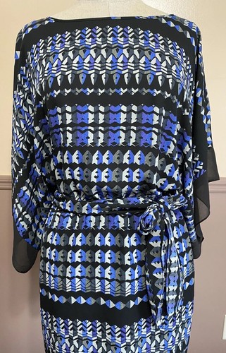 BCBG MaxAzria Lois Scarf Dress XS Womans Kimono Sleeve Blue Tie Waist Geometric - Picture 2 of 10