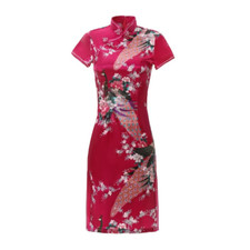 Faux Silk Satin Qipao Mini Dress Chinese Traditional Cheongsam Party Ball Retro