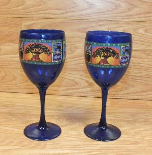 Set of 2 Vintage HTF Disney Animal Kingdom Blue Stemmed Collectible Wine Glasses - Picture 2 of 5