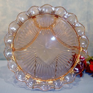 Pink-Depression-Glass-Old-Colony-Closed-Lace-4-Part-Relish-Tray-13-in