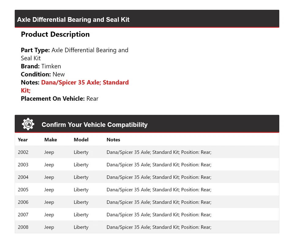 Kit de cojinete y sello diferencial eje trasero Timken para Jeep Liberty 2002-2008 Foto 2 de 3