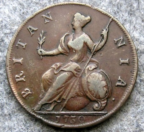 GREAT BRITAIN GEORGE II 1730 HALFPENNY, US EARLY DAYS COLONIAL COPPER HIGH GRADE - Picture 5 of 6