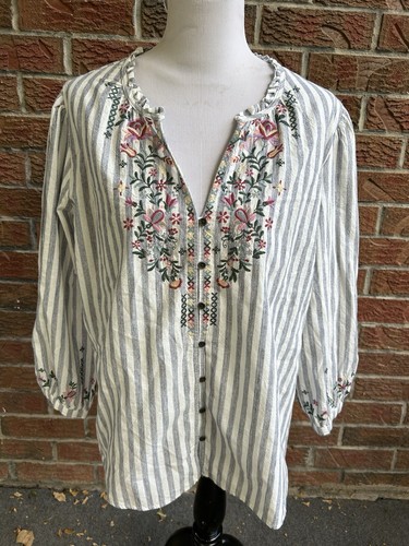 Kate & Sam Top Embroidered Floral Flower Buttons Striped Blue White Pink Red NWT