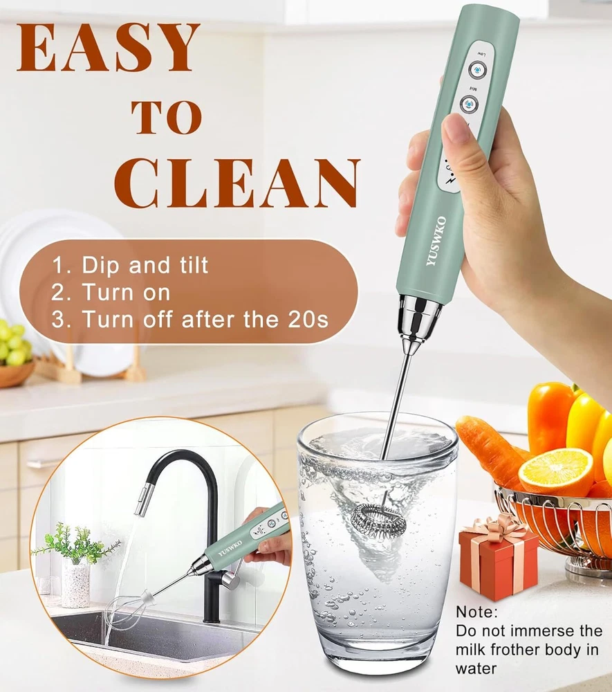Milk Frother for Coffee Rechargeable Drink Mixer with 3 Heads 3 Speeds Electric
