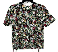 Anthropologie Pleione Top Womens Small Black Floral Short Sleeve Boho Peasant