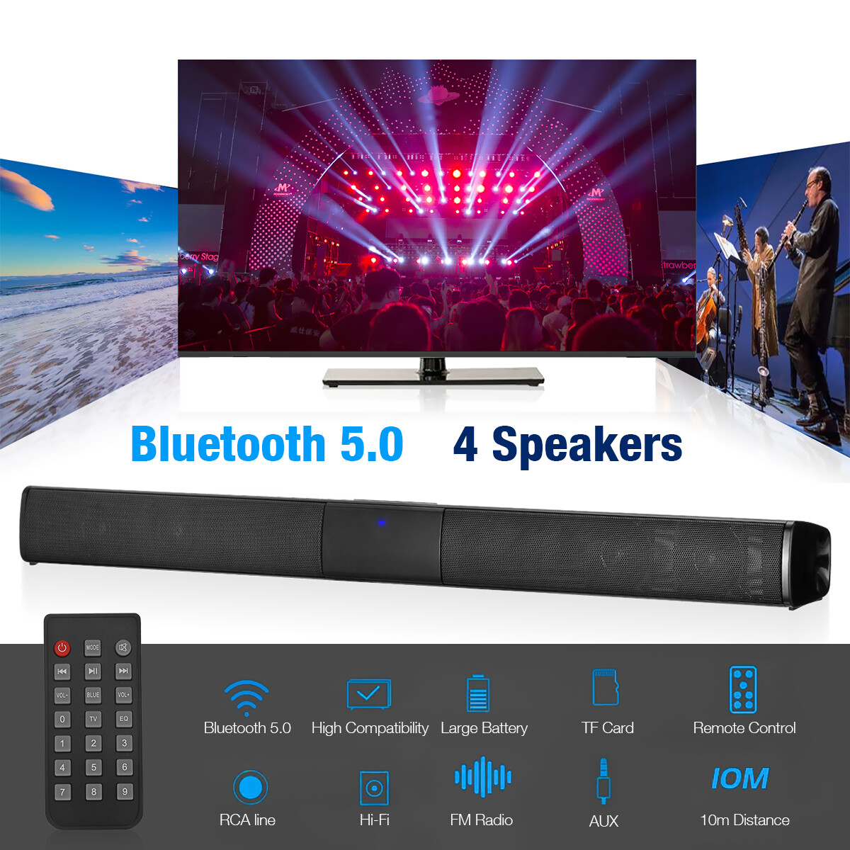 4 Speaker System Wireless BT Subwoofer Surround Sound Bar TV Home