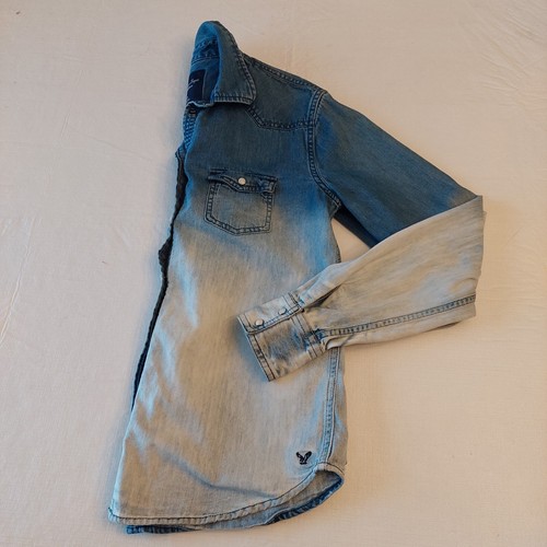 American Eagle Ombre Denim Pearl Snap Long Sleeve Shirt Western Shacket Size S - Picture 14 of 14