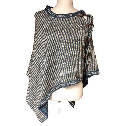 Simply Noelle Beige And Blue Poncho Sweater - Size O/S One Size Acrylic - Picture 2 of 6