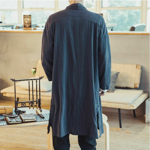 Men Japanese Kimono Coat Jacket Loose Yukata Outwear Long Bathrobe Top Retro - Picture 6 of 11