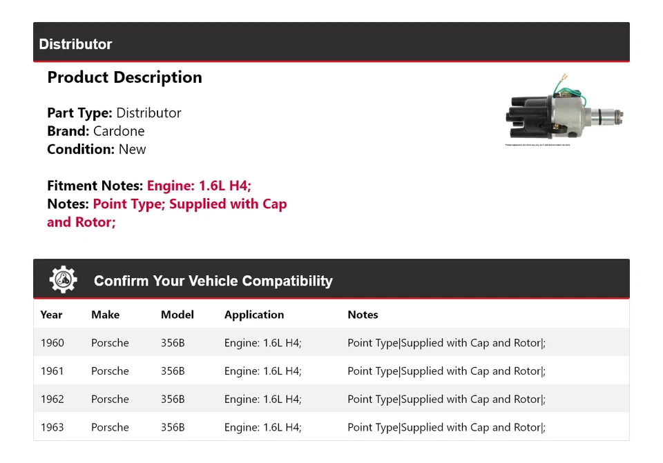 Para 1960-1963 Porsche 356B 1.6L H4 Distribuidor Cardone 1961 1962 Foto 2 de 4