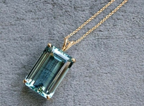14K Yellow Gold Plated 4.25Ct Emerald Cut Lab Created Aquamarine Women's Pendant - Picture 1 of 5