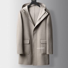 Double-sided 100% Wool Coat Mens Thickened Windbreaker Winter Mid-length Hooded