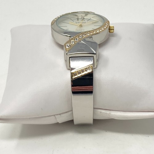 Vivani Watch Women 32mm Silver Gold Tone Cuff Crystals Bling New Battery 6.75" - Picture 7 of 14