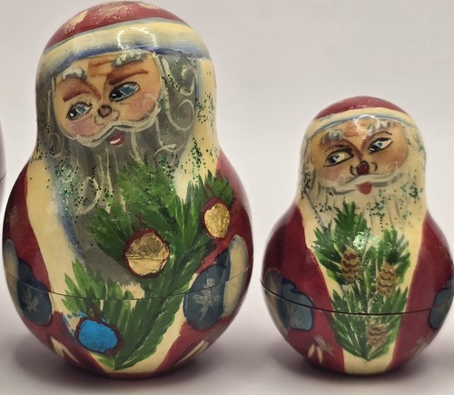 Russian Santa Nesting Dolls Vintage Set of 5 Christmas Hand Painted Shelmar - Picture 5 of 9
