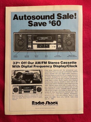 Vintage 1982 Radio Shack Realistic Brand Am/FM Car Cassette Radio Print Ad
