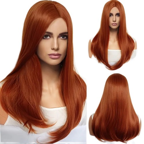Peluca de Vestir Halloween Rojo Cobre Mujeres Cabello Largo Recto Resistente al Calor