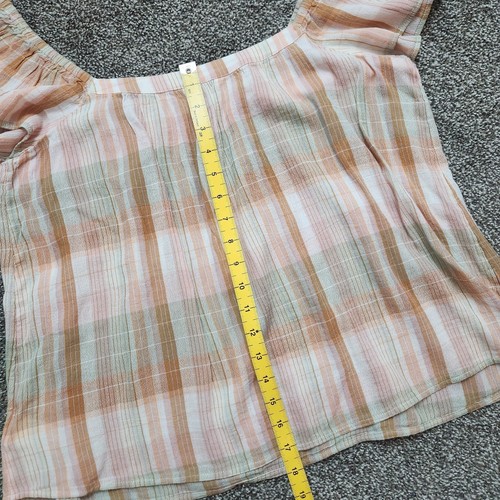 Lucky Brand Emily Plaid Short Flutter Sleeve Shirt Top Medium New Peach Green - Picture 8 of 9