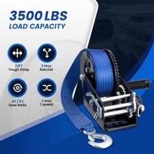 3500lbs Polyester Strap Dual Speed Hand Winch With Cable for Trailer Boat ATV