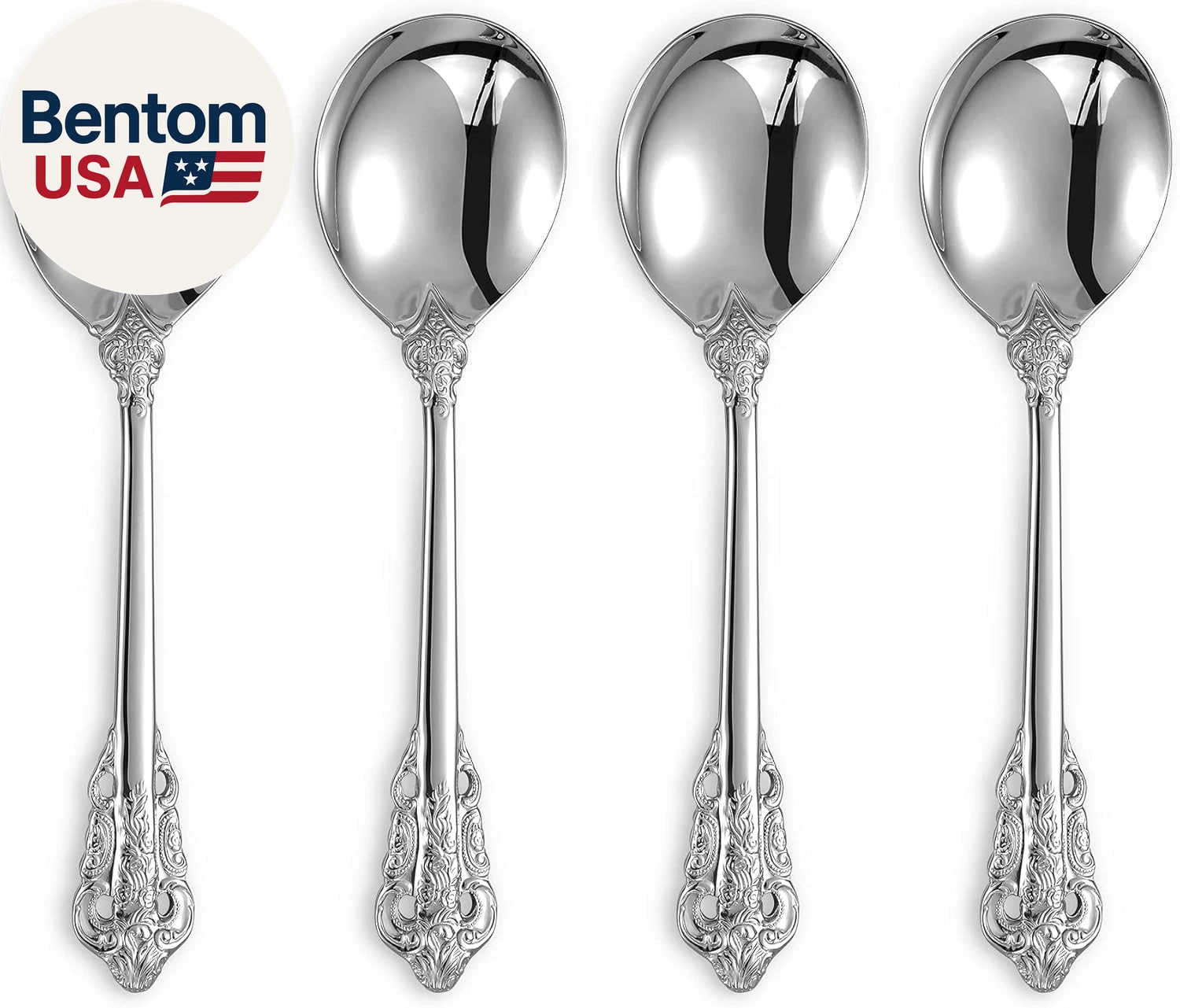 Gorgeous round Soup Spoon, Set of 4, 18/10 Stainless Steel, Luxury Bouillon Spoo