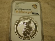 2019- 1 OZt Silver .9999 Australia Koala First Releases MS70 NGC 105.97 per troy oz