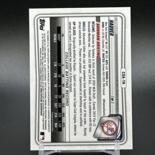 Trevor Hauver 2020 Bowman Chrome Green #'d /99 1st Auto Refractor Yankees CDA-TH - Picture 3 of 3