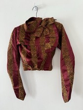 Antique Victorian Brocade Silk Satin Bodice Jewel Toned Boning 1800s XXS/XS