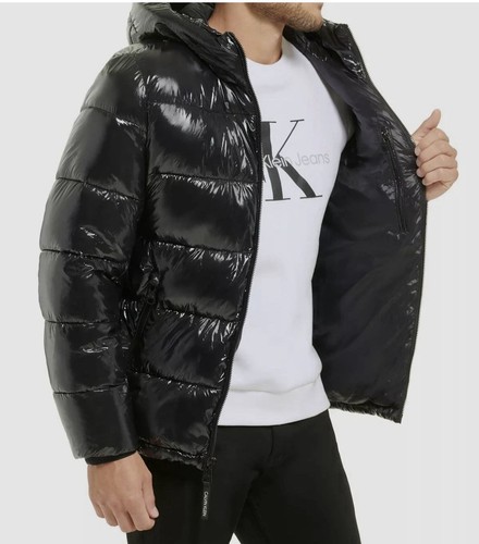 NWT CALVIN KLEIN MENS SNAPz FRONT PUFFER JACKET COAT BLACK SHINY Large Dope $225 - Picture 2 of 12