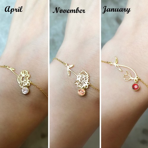 Januar Geburt Blume Armbänder, 14K vergoldet Geburtsmonat Schneeglöckchen Floral Birt - Bild 3 von 7