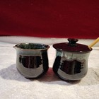 Art studio pottery creamer and sugar Set with wood spoon