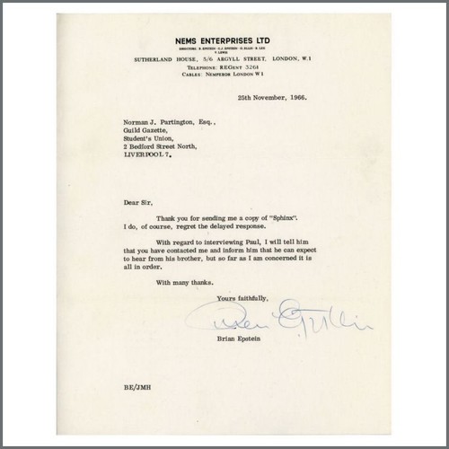 Brian Epstein unterzeichnete NEMS-Brief an einen Studentenjournalisten in Liverpool (UK)