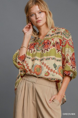 Umgee Full Size Border Print Notched 3/4 Puff Sleeve Blouse Plus Size - Picture 7 of 9