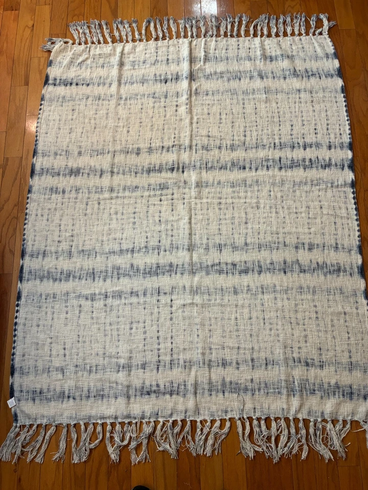 MANTA TEJIDA A RAYAS TIE DYE BAULE AZUL Blanco 100% ALGODÓN Flecos 65x52 Foto 3 de 4