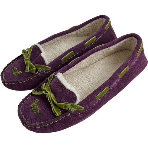 LL Bean Suede Embroidered Duck Shearling Lined Moccasin Slippers Purple Womens 6 - Picture 4 of 12