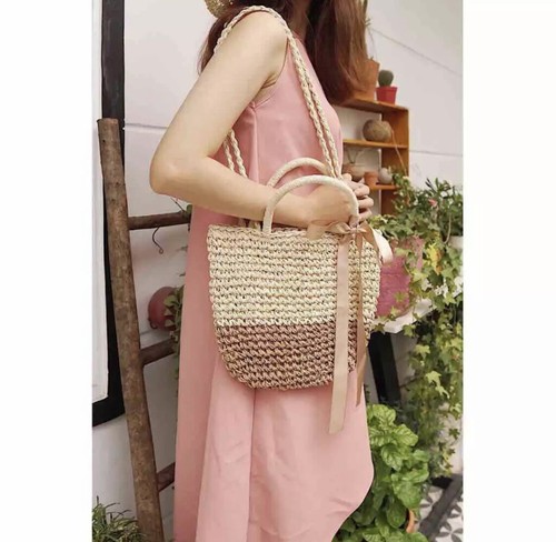 Damen Sommer Stroh Strand Schultertasche Boho handgewebt Reise Stroh Beuteltasche - Bild 7 von 7