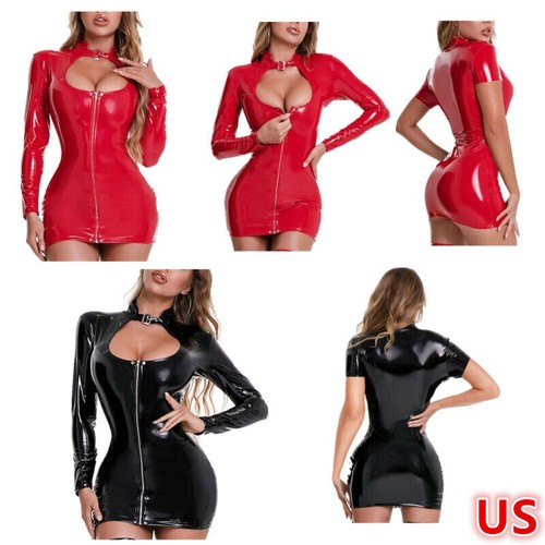 Women Sexy Shiny Leather Bodycon Dress Hook Eye Neck Mini Dresses Party Dress