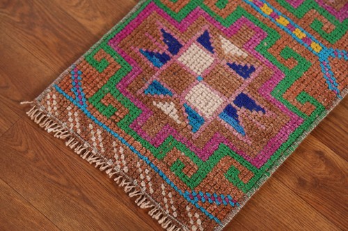Alfombra de lana geométrica de color pastel con acento turco de Anatolia alfombra hecha a mano 1x2 - Imagen 5 de 12