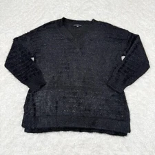 INC International Concepts Women's Blaxk L Large Fuzzy V Neck Sweater Goth Emo