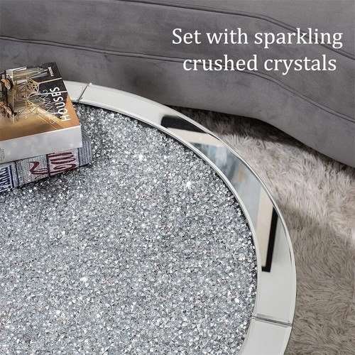 Glam Mirrored Coffee Table Round Silver Accent Table w/ Dazzling Diamonds Inlay - Picture 7 of 13