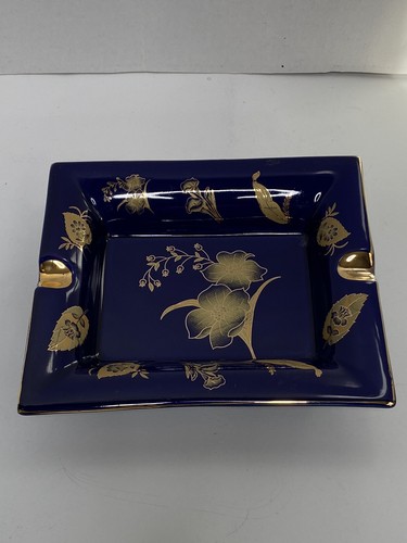 Cobalt Blue and Gold Floral Cigar Ashtray Rectangle Decorative 7.3/4 X 6.5 - Picture 5 of 5