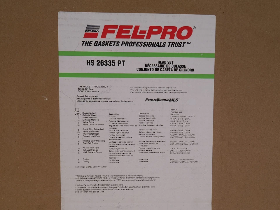 Juego de juntas de culata Fel-Pro HS 26335 PT camión Chevrolet, GMC 2,8 L 2004-2006 Foto 2 de 2