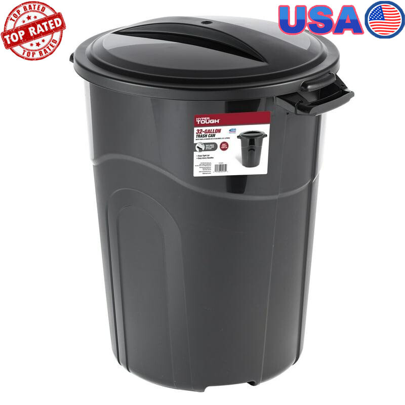 Heavy Duty 32 Gallon Garbage Can W/ Lid Indoor/Outdoor Black 64lbs Load Capacity