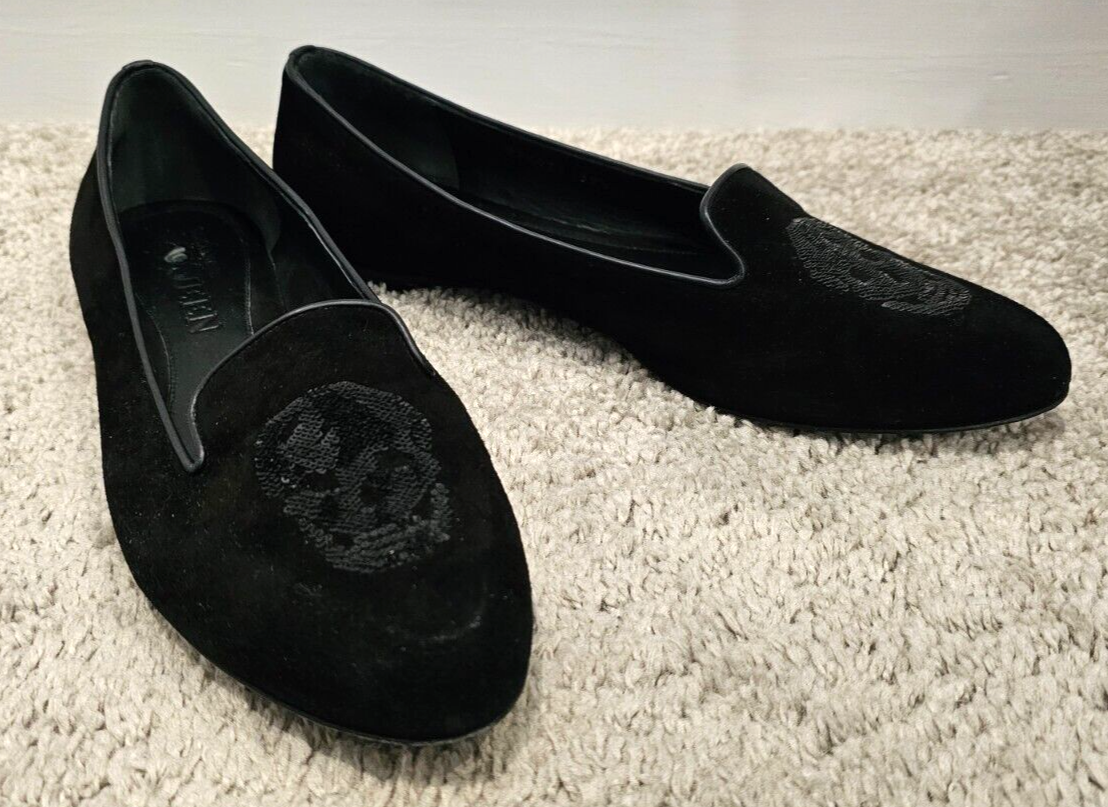 キラさん専用　Alexander McQueen ブラック フラットシューズ ALEXANDER MCQUEEN Black Velvet Flats with Sequin Skull at Vamp
