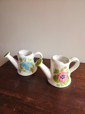 Set of 2 VTG Icap FTD Portugal Handpainted Floral Ceramic Watering Can/Vase
