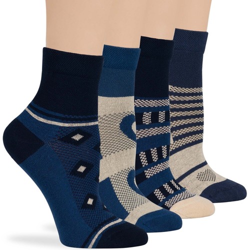 Women Cotton Diabetic Quarter Socks-4 Pack Large-Heart Pattern-Navy Blue Ecru - Picture 12 of 13