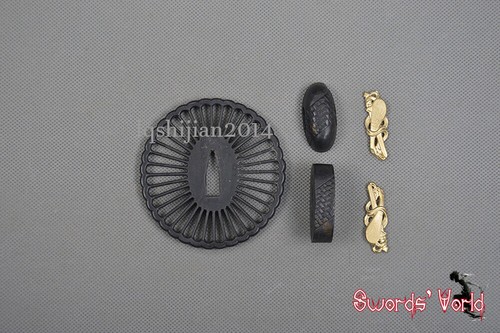 Edelstahl Tsuba Set Handschutz Kashira Fuchi Messing Menuki Schwert Zubehör - Bild 3 von 3