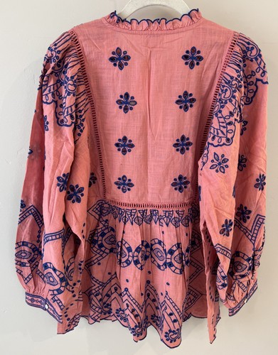 NWT Sundance Catalog Pink Blue Embroidery Eyelet Peasant Blouse, Size PXL $150 - Picture 2 of 4