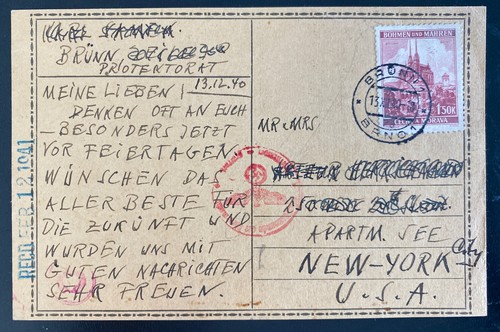 1940 Brunn Bohemia Moravia Germany Postcard Cover To New York Usa