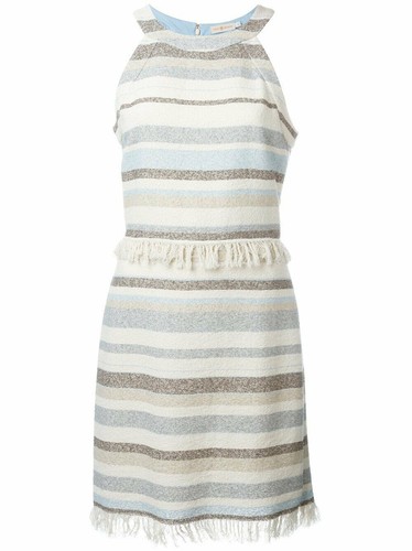 Tory Burch Mini Fringed Boho Dress 10 Ivory Sleeveless Cotton Sheath Stripe - Picture 7 of 7