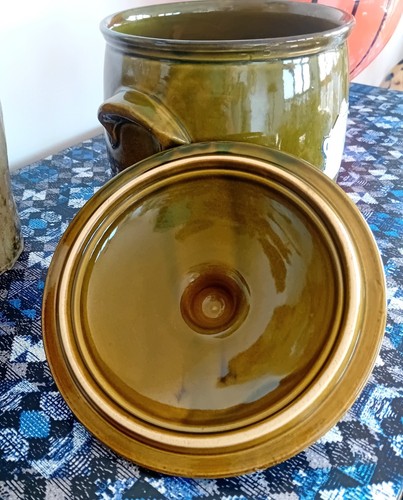 Vintage French Olive Green Glazed Vintage Crook Pot/ Biscuit Barrel Ex Cond - Picture 7 of 10